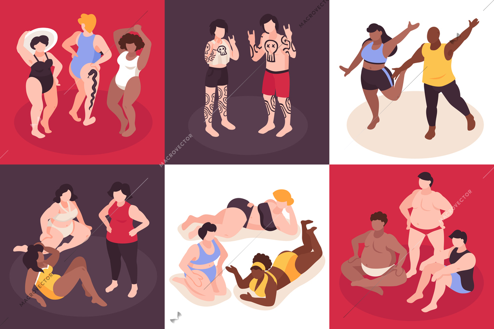 Body positive concept icons set cheerful lifestyle symbols isometric isolated vector illustration