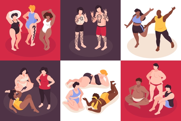 Body positive concept icons set cheerful lifestyle symbols isometric isolated vector illustration