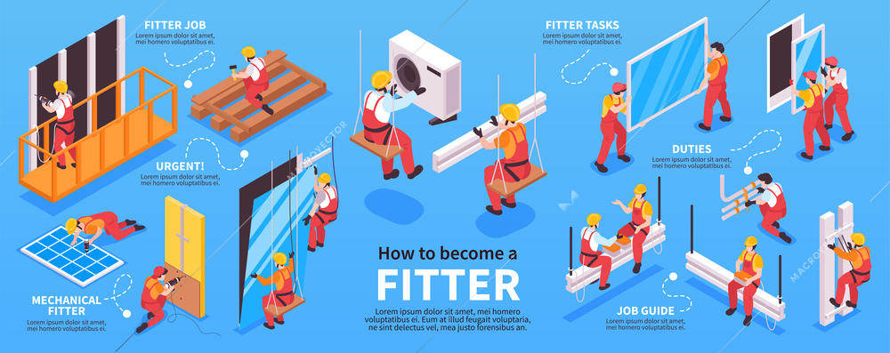 Isometric fitter infographics with images representing various mechanic works with human characters and editable text captions vector illustration