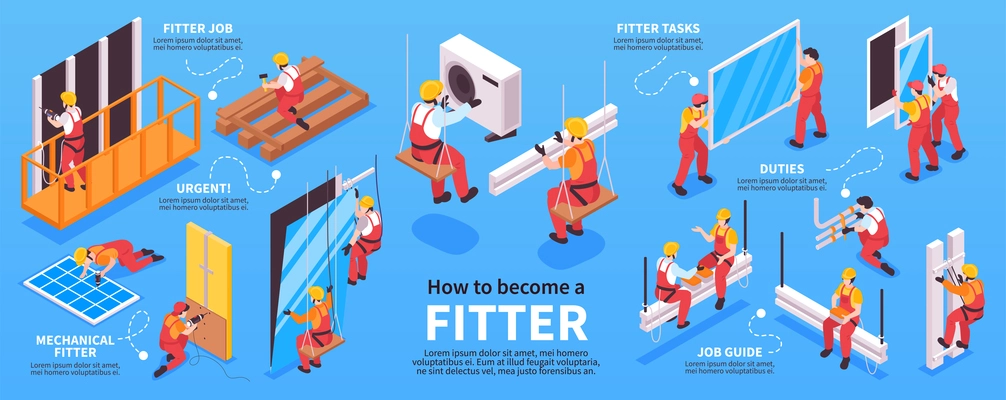 Isometric fitter infographics with images representing various mechanic works with human characters and editable text captions vector illustration