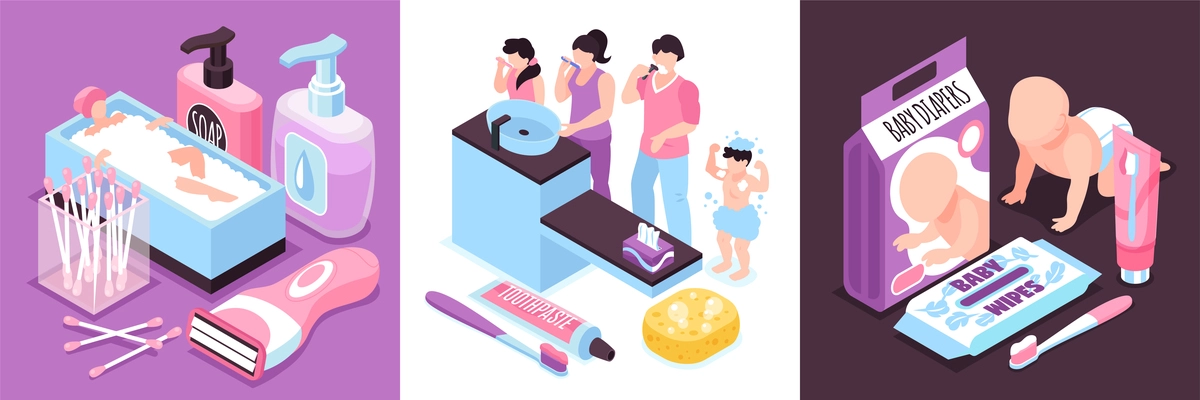 Isometric hygiene design concept with human characters of babies and adults with medical products personal supplies vector illustration