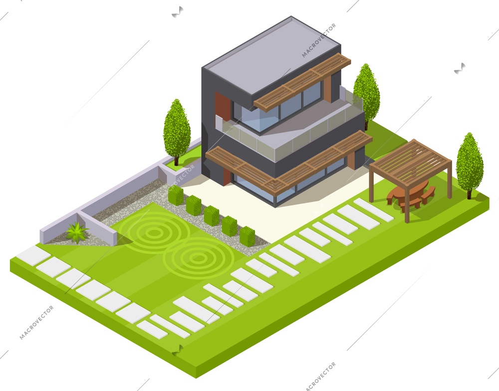 Landscape design isometric composition of residential yard with lawn plants stone hedge and modern house building vector illustration
