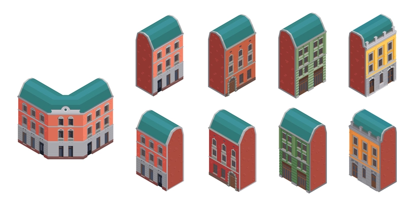 Set of isolated suburban city buidings isometric icons with colourful images of low rise apartment houses vector illustration