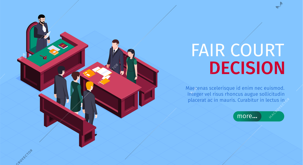 Isometric justice law horizontal banner with more button editable text and human characters of trial participants vector illustration