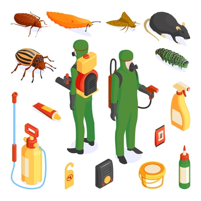 Isometric pest control set with isolated icons of detergents and chemicals with insects and protected people vector illustration