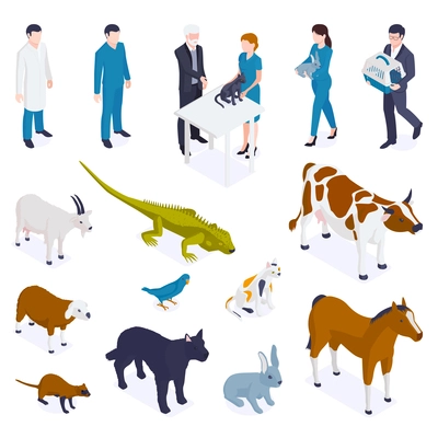 Isometric farm pet veterinary set of isolated icons and characters of wild domestic animals and people vector illustration