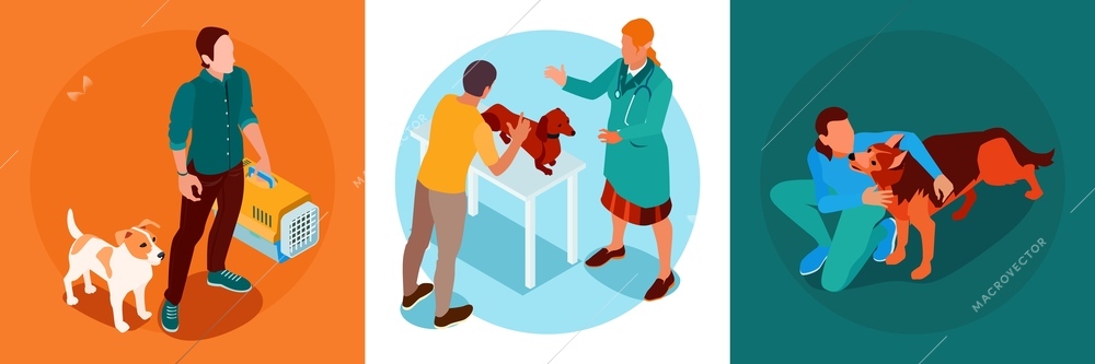 Three isometric veterinary design concept owner with pet dog at a veterinarian s appointment vector illustration