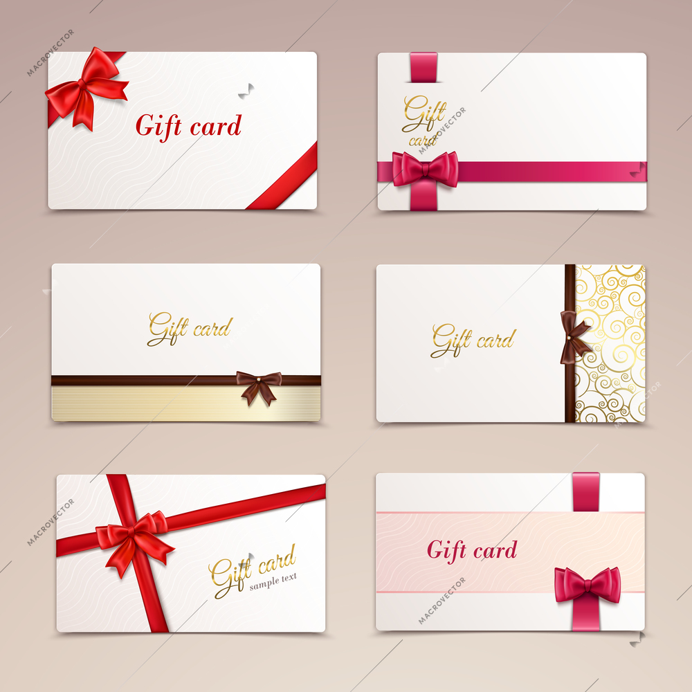 Gift cardboard paper cards set with red bows and ribbons vector illustration