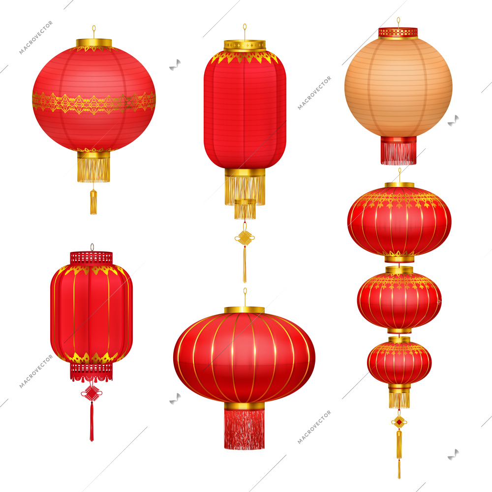 Red chinese lanterns of circular and cylindrical shape with gold fringe and brushes realistic collection vector illustration