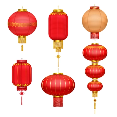 Red chinese lanterns of circular and cylindrical shape with gold fringe and brushes realistic collection vector illustration