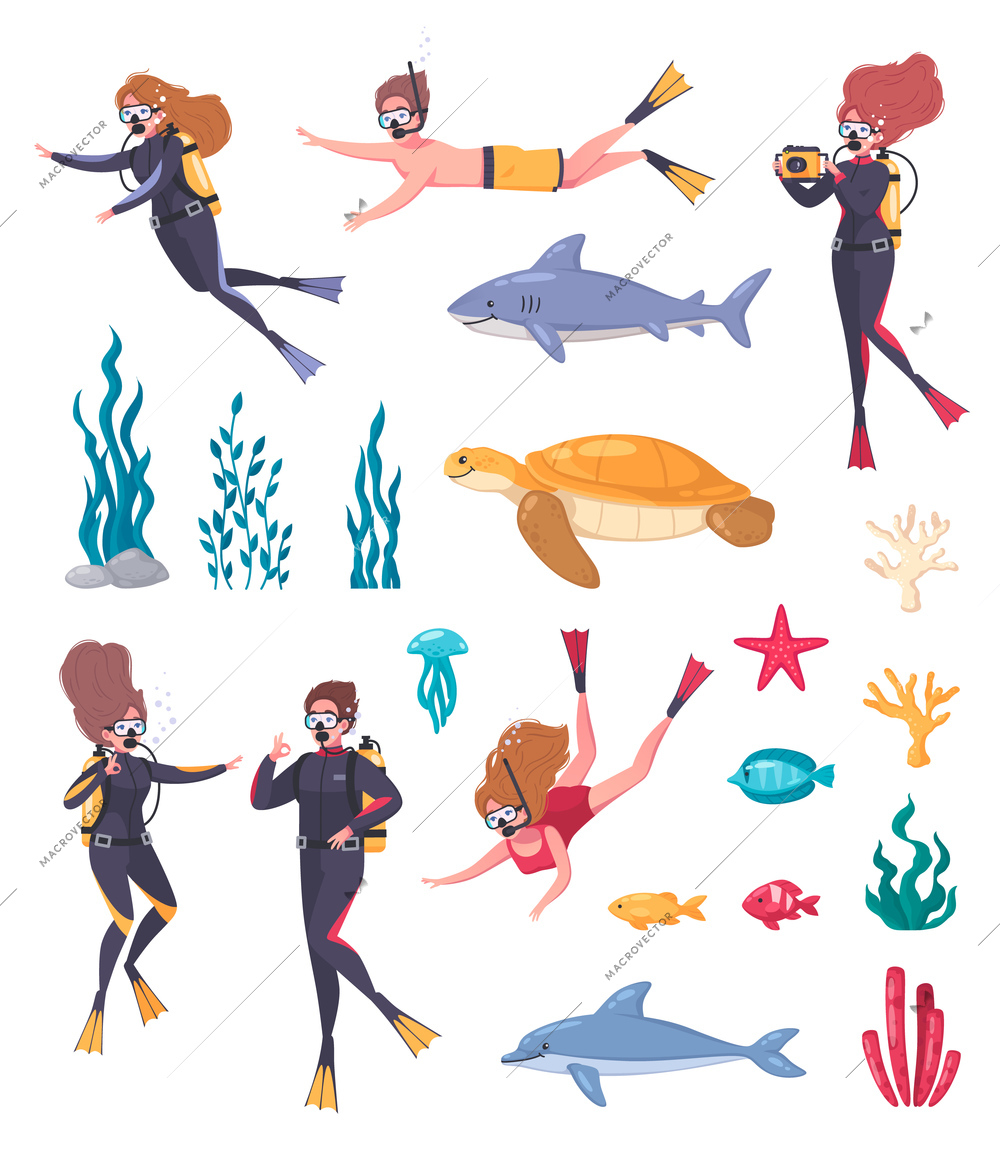 Diving snorkeling set with isolated cartoon style icons of fishes sea plants and divers breathing apparatus vector illustration