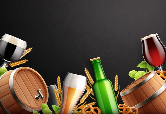 Beer realistic background composition with empty space surrounded by beer glasses bottles barrels and hop plants vector illustration