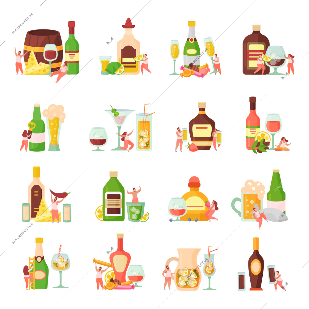 Alcoholic drinks cocktails with sugar syrup lime lemon juice rum vodka beer flat icons set isolated vector illustration