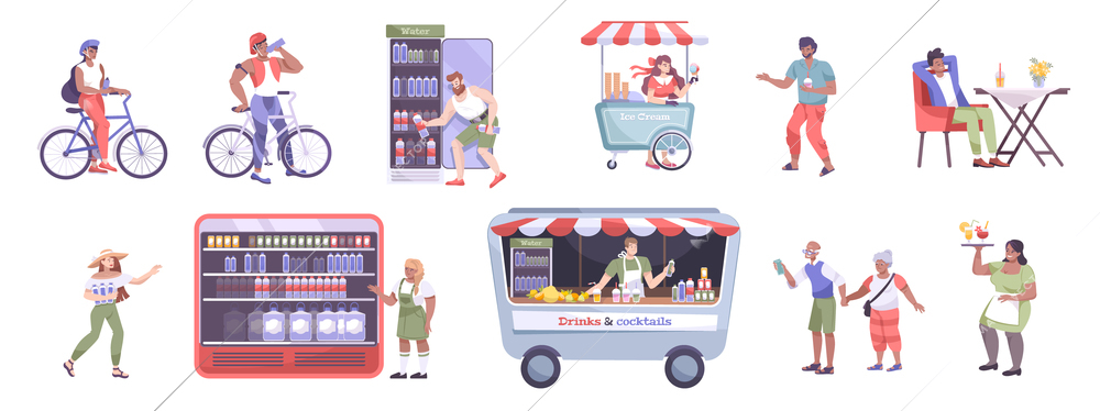 Cool drink  flat icon set with food and ice cream trucks cafe refrigerator with water vector illustration