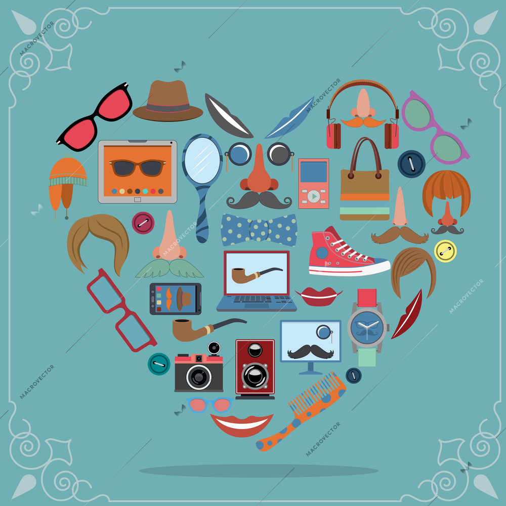 Hipster heart concept with fashion design elements vector illustration