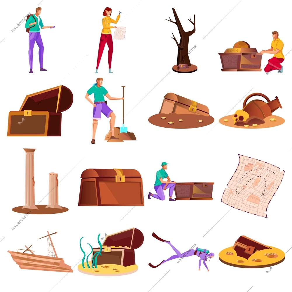 Treasure quest icons set with chest search and digging symbols flat isolated vector illustration