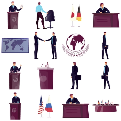 Diplomacy and diplomat icons set with press conference symbols flat isolated vector illustration