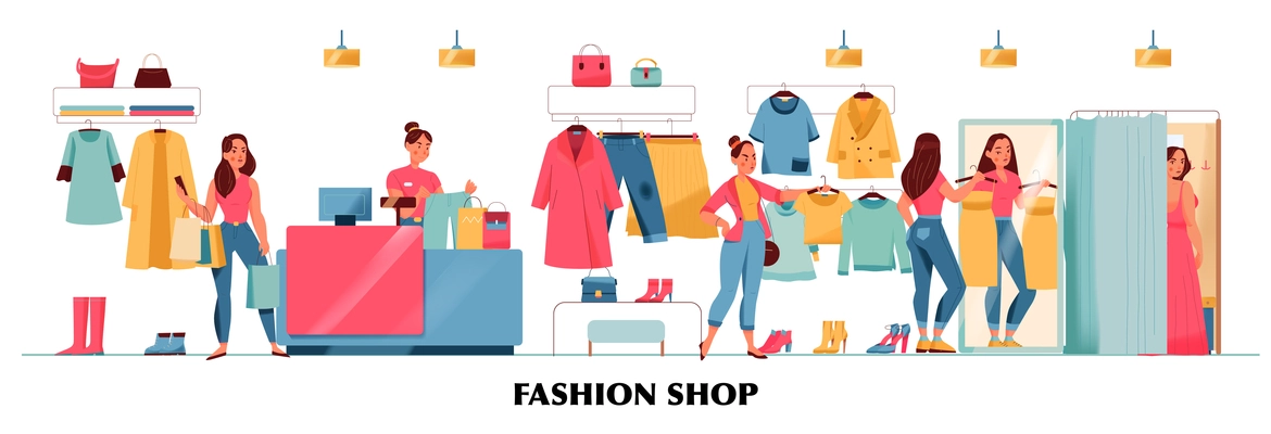 Women fashion shop concept with dressing rooms flat vector illustration