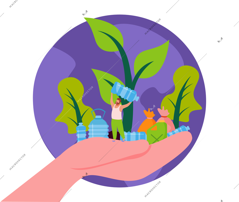 Self care concept flat colored round composition with hand and abstract eco planet on it vector illustration