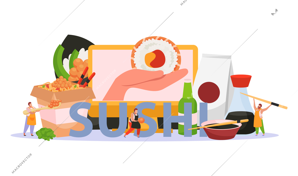 Sushi flat colored background with big sushi headline and different meals of japanese cuisines vector illustration