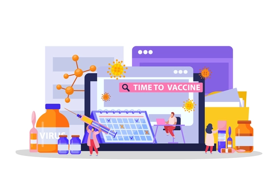 Vaccination flat composition with time to vaccine headline and medical tools syringes drugs and test tubes vector illustration