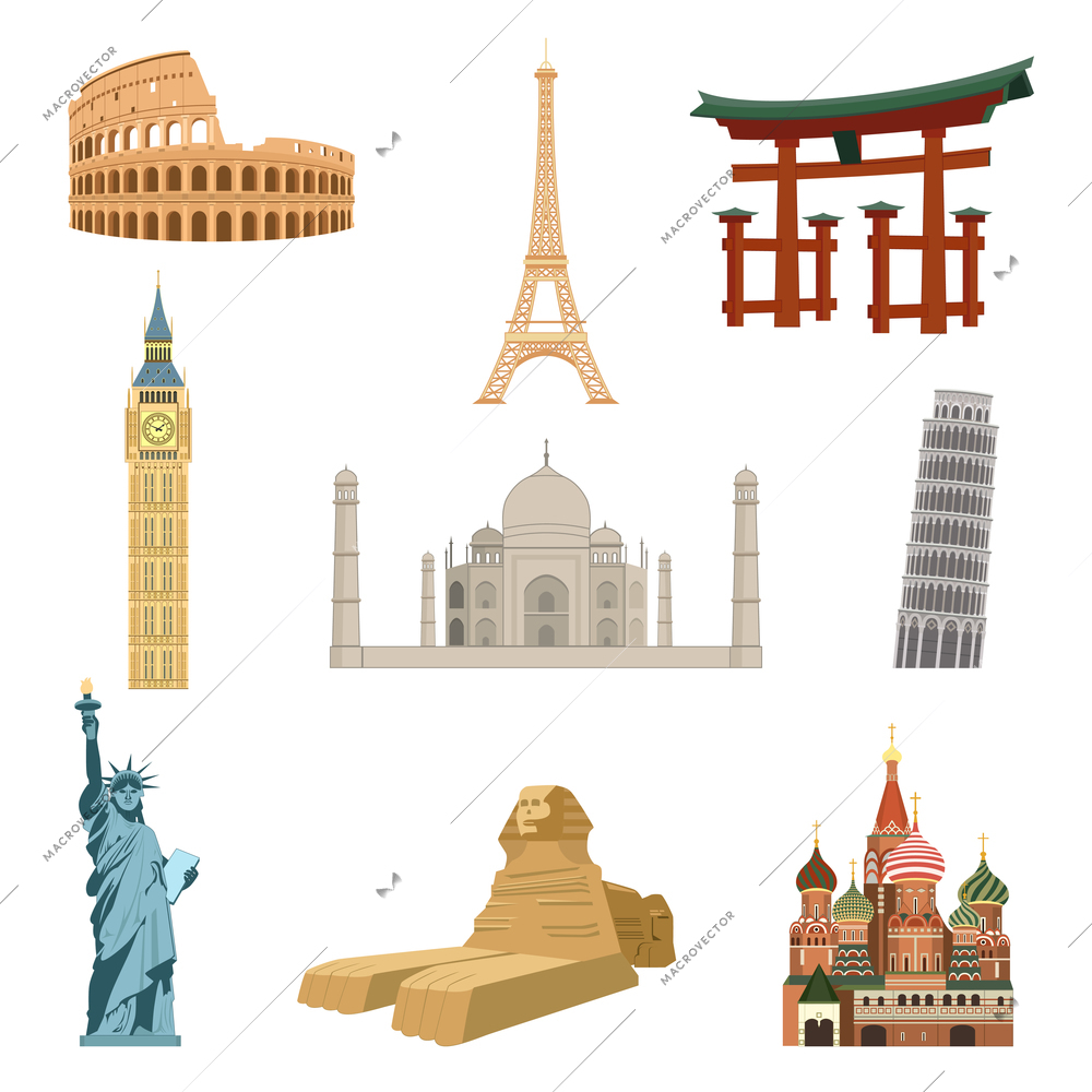 World famous landmarks set of eiffel tower statue of liberty taj mahal isolated vector illustration