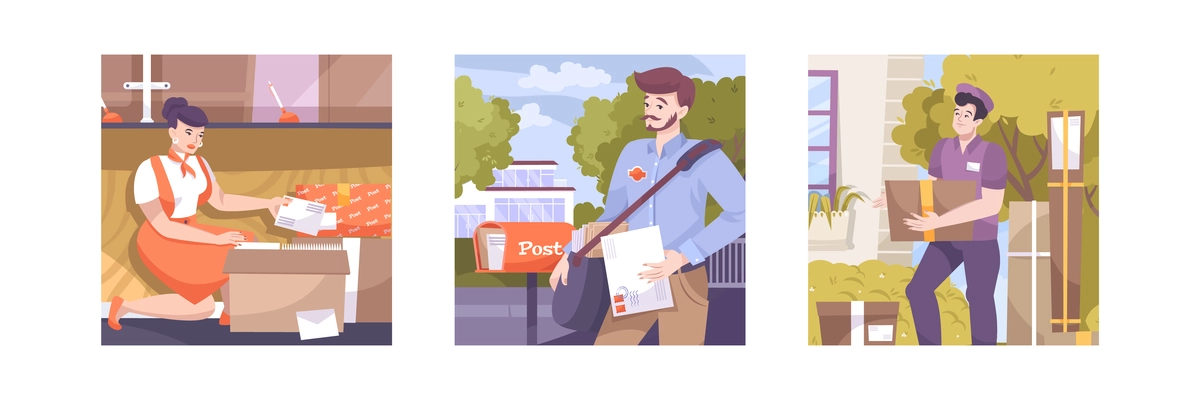 Post office set of square compositions with indoor and outdoor sceneries and characters of postal workers vector illustration