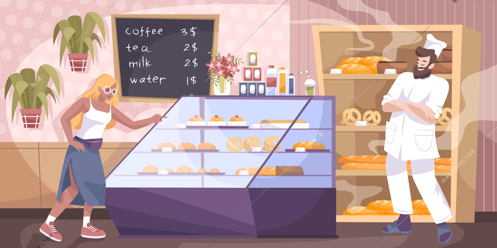 Bakery shop composition with flat human characters and indoor scenery of bakers store with baked foods vector illustration