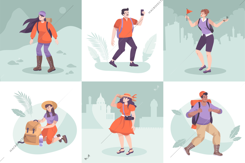 Excursion design concept with set of flat compositions with sightseeing silhouette cityscapes and characters of tourists vector illustration