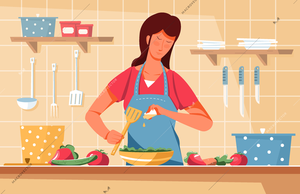 Proper nutrition flat composition with kitchen scenery and woman adding oil to salad with vegetables and cutlery vector illustration