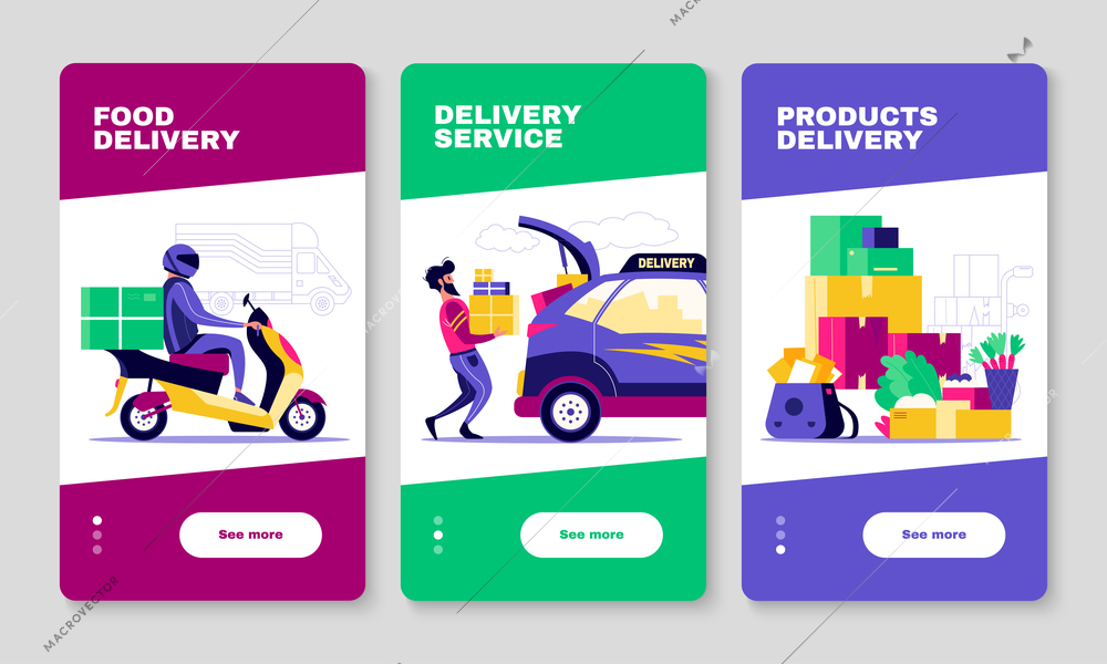 Food parcels mail delivery service 3 vertical colorful web banners with motorbike and auto couriers vector illustration