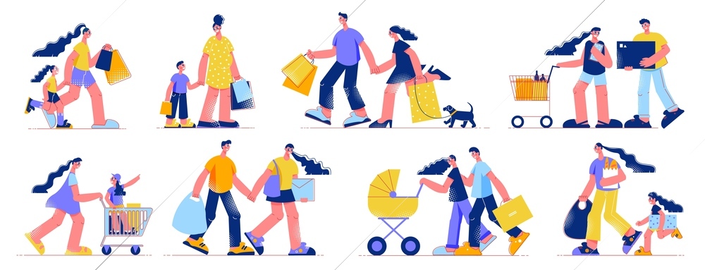 Family shopping grocery electronics young couples carrying bags mother pushing cart with daughter  flat set vector illustration