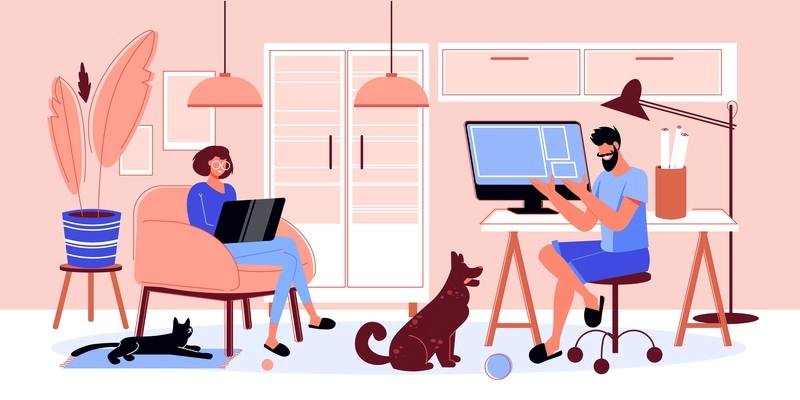 Freelance people work composition with indoor interior scenery with pets and doodle human characters with computers vector illustration