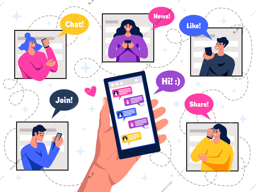 Social network members hands holding mobile live chat messaging flat colorful schema with speech bubbles vector illustration