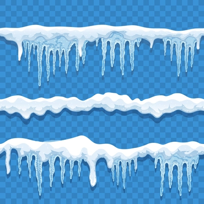 Snow ice cap seamless border set on transparent background with lines of snow and hanging icicles vector illustration