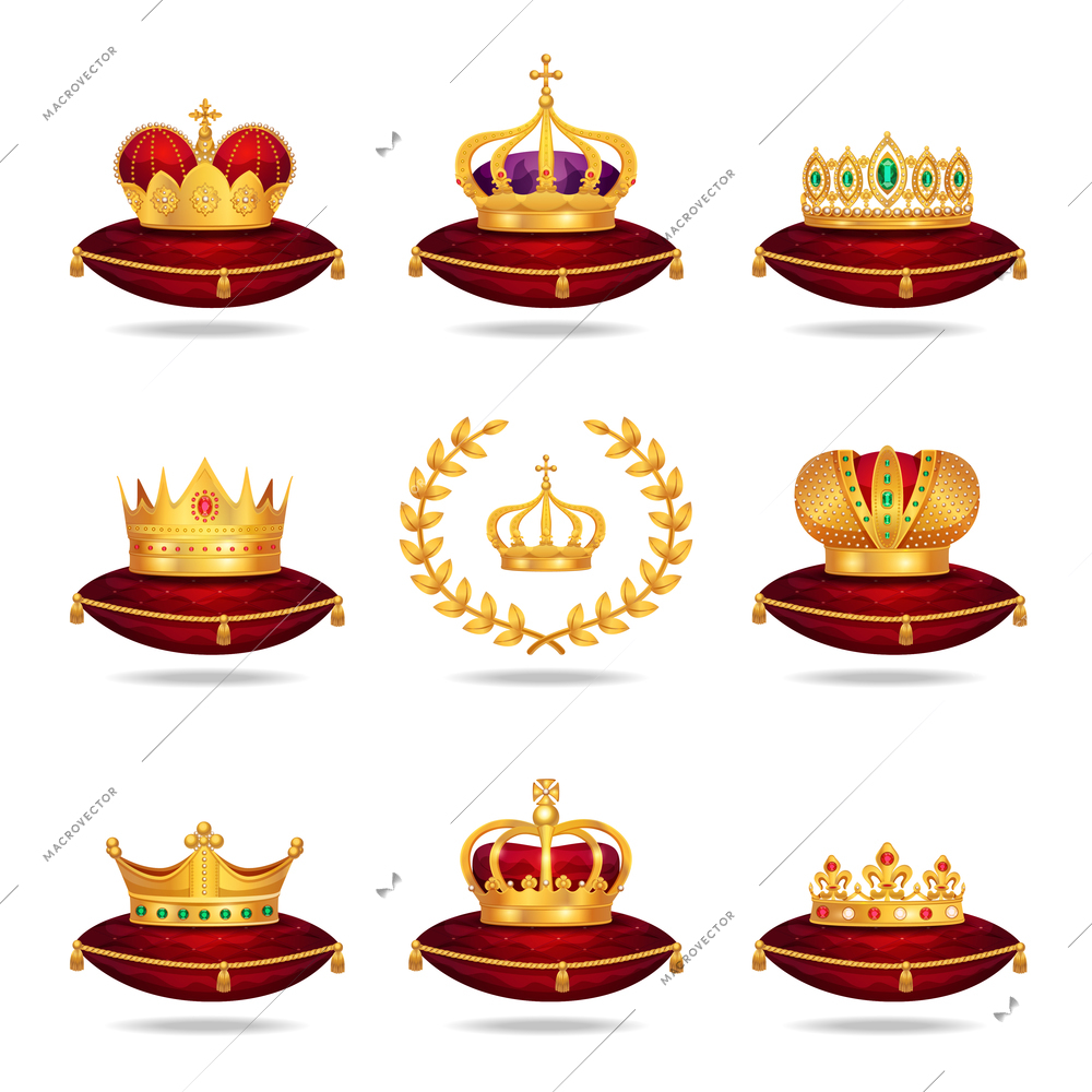 King queen red gold crown tiara on velvet silk cushion pillow royal regalia realistic set vector illustration