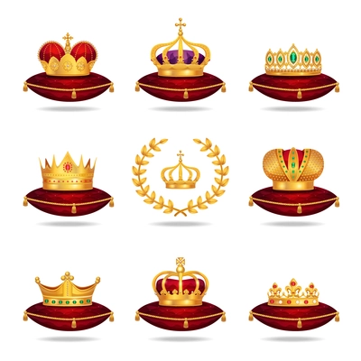 King queen red gold crown tiara on velvet silk cushion pillow royal regalia realistic set vector illustration