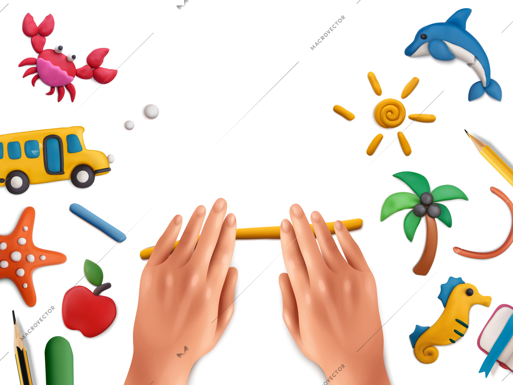 Plasticine modeling clay school composition with realistic images of human hands with works on blank background vector illustration