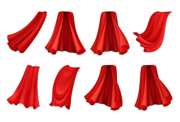 Red cloak realistic set with isolated icons of festive royal robes from angles on blank background vector illustration