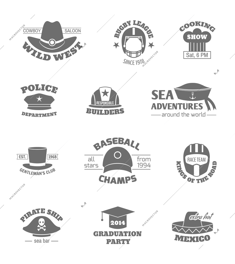 Hats and cap professions stamps set black isolated vector illustration