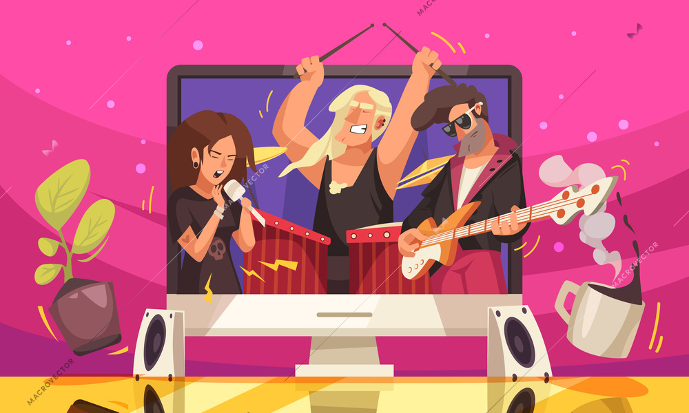 Online music concert flat background with young members of rock music group  on big screen vector illustration