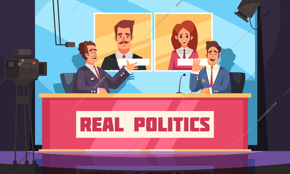 Real politics background with  live interview with politician by journalist and voters vector illustration