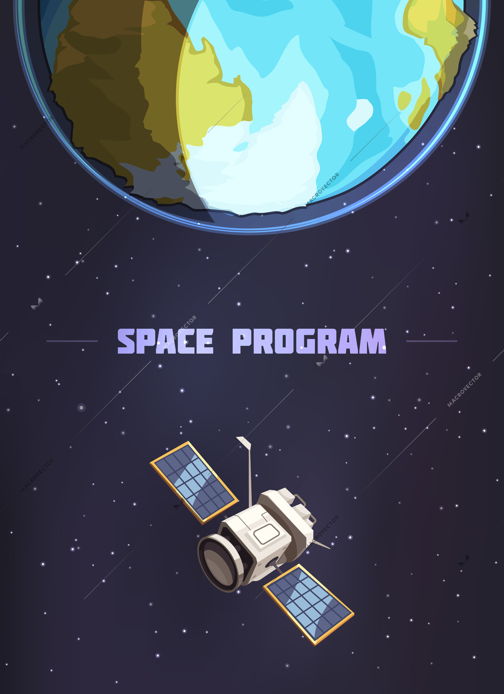 Space program poster with artificial earth satellite flying against starry sky cartoon vector illustration