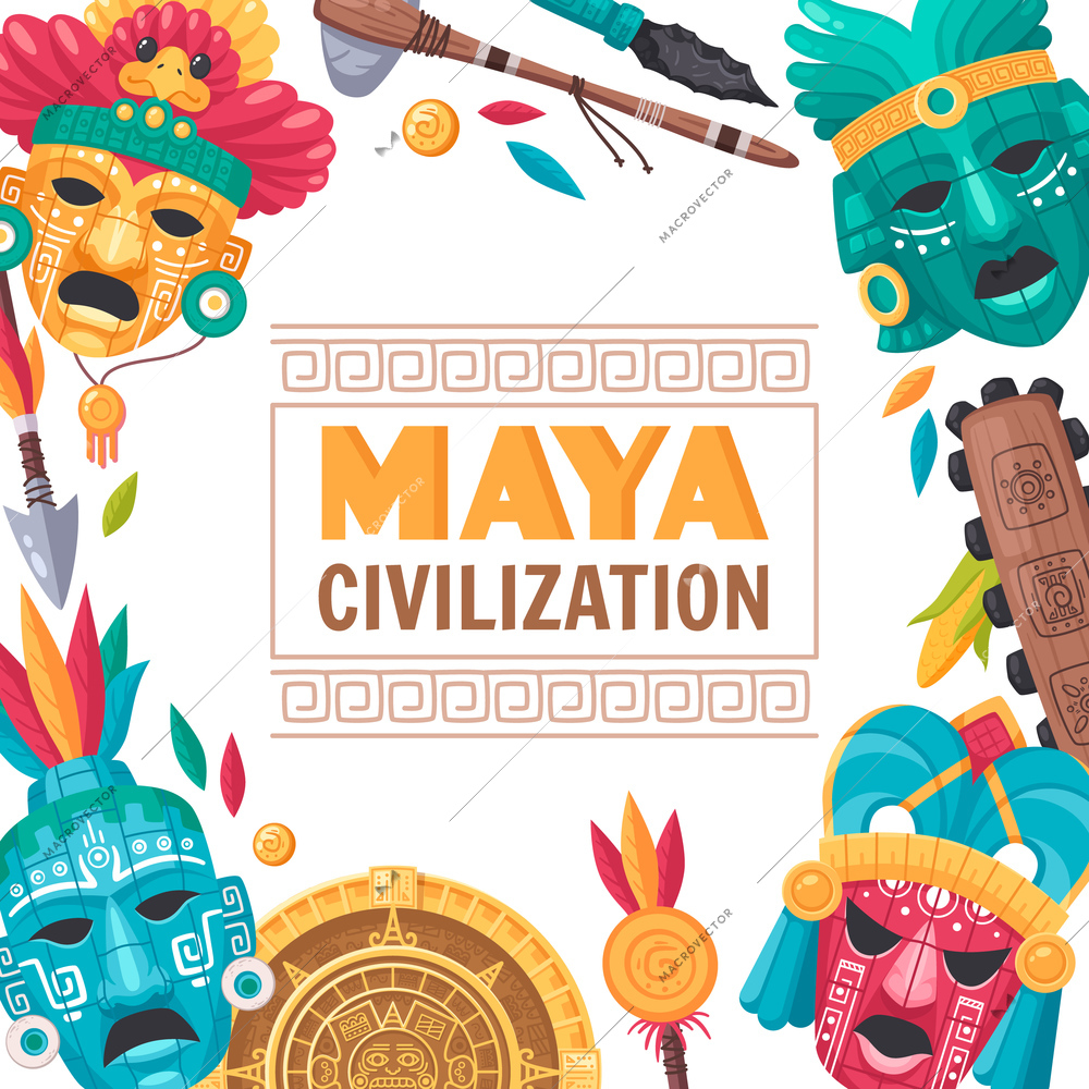 Maya civilization cartoon poster with national culture  symbols vector illustration