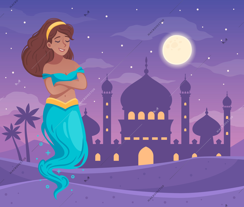 Genie character background with arabic night symbols cartoon vector illustration