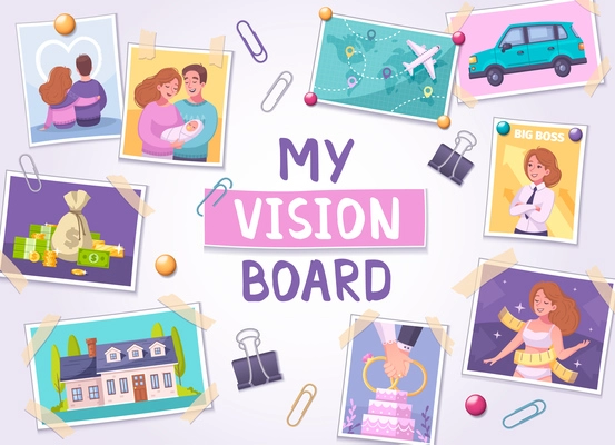 Vision board cartoon poster with travel and family symbols vector illustration