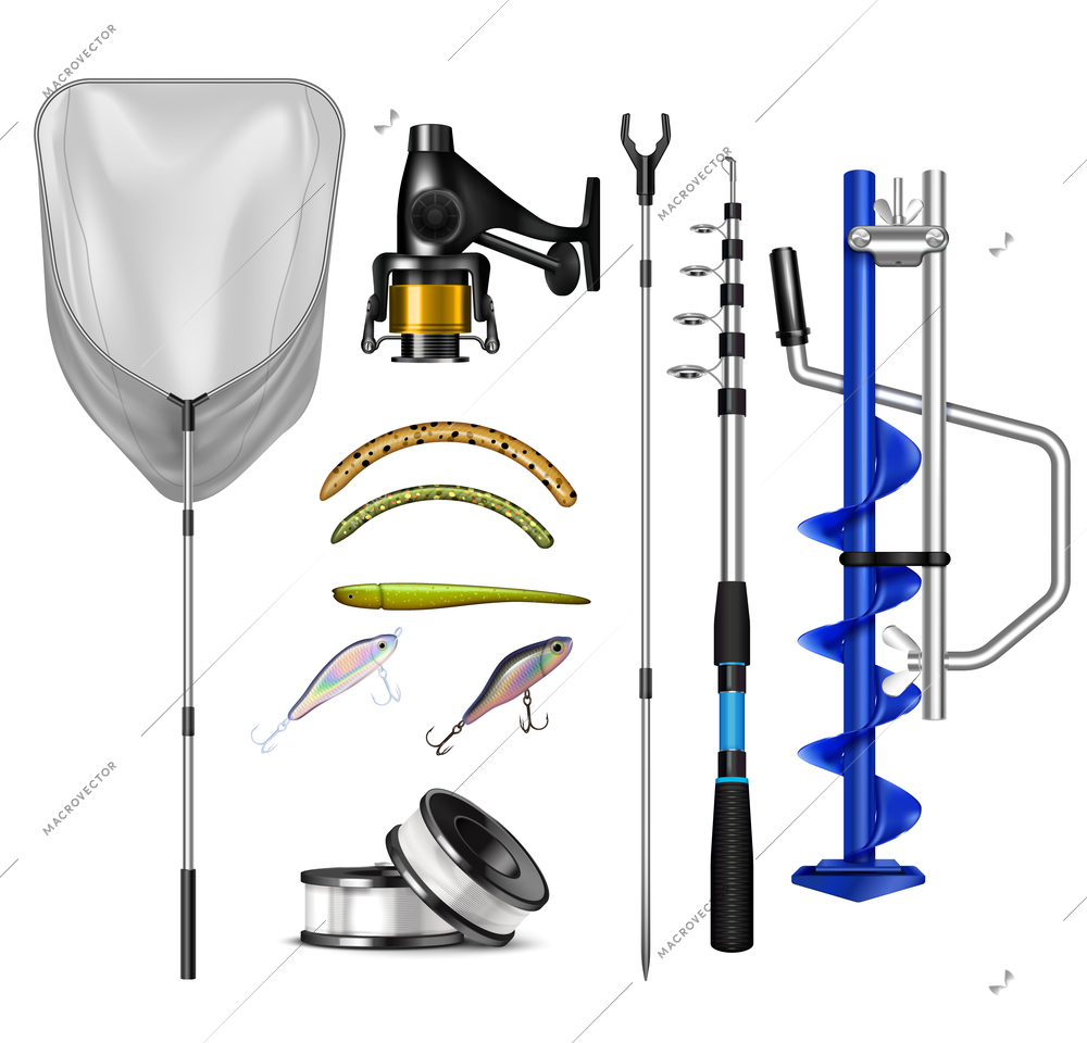 Set of isolated fishing equipment realistic icons with jigs net and rods on blank background vector illustration