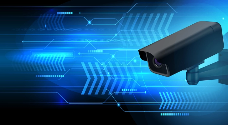 Video surveillance security cameras composition with realistic image of camera on abstract background with connected lines vector illustration