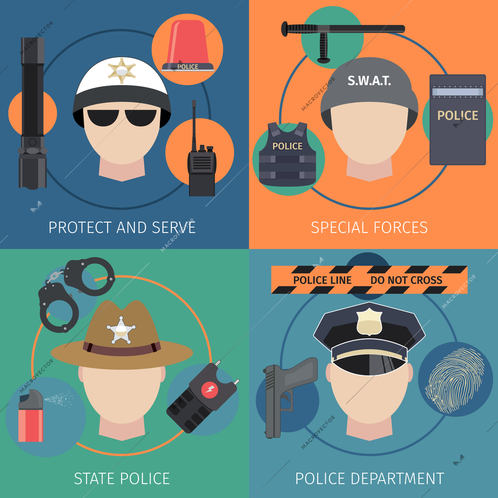 Police protect and serve special forces flat set isolated vector illustration
