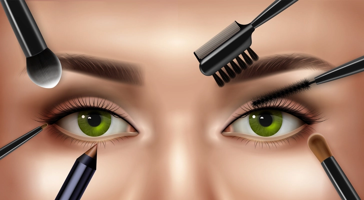 Makeup eye realistic composition with closeup view of female upper face with eyebrows and applicator brushes vector illustration